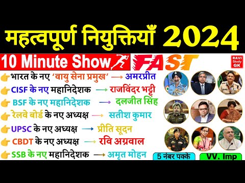 महत्वपूर्ण नियुक्तियाँ 2024 | 10 Minute Appointments Current Affairs 2024 |Mahatvpurn Niyuktiya 2024