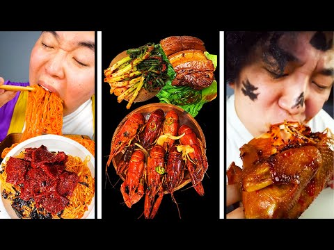 ASMR MUKBANG spicy noodle, mara shrimp, Pork Belly eating Sounds Enjoying Delicious