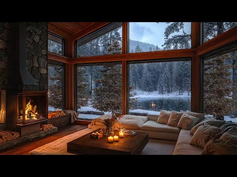 Relaxing Cozy Cabin Winter ❄️ Jazz Music & Snowstorm Ambience for Cozy Cabin Relaxation