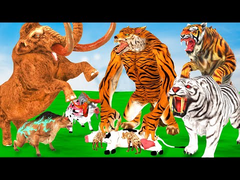 Woolly Mammoth Vs Giant Tiger Wolf Fight Zombie Bulls Vs White Tiger Hyenas attack Cow Cartoon