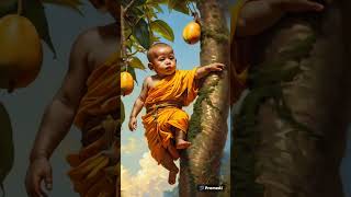 A cute baby monk hanging on a mango tree