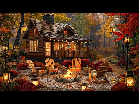 Autumn Day in Forest & Outdoor Coffee Shop 🍁 Warm Jazz Music and Fireplace Sounds to Relax, Work