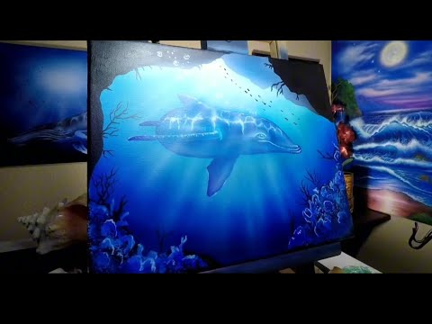 Acrylic painting airbrush a beautiful underwater sea cave with dolphin