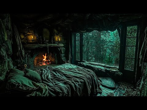 The Best Way To Heal Insomnia, Sleep Better - Heavy Rain and Crackling Fireplace Sound In Cozy Room