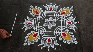 Navratri Special Lotus Rangoli | 3x3 Dots Small Muggulu | Navratri Kolam Designs With Side Borders