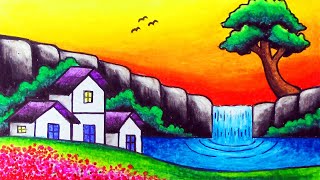 How to Draw Nature Scenery of Waterfall, Sunset and Houses | Easy Waterfall Sunset Scenery Drawing