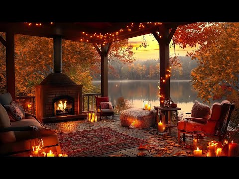 Warm Fall Porch Ambience | Jazz Tunes and Fireplace Sounds in a Cozy Cabin 🍂