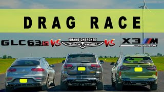 2022 BMW X3M Comp vs Jeep Trackhawk vs Mercedes GLC AMG 63S Coupe, close but not close. Drag Race