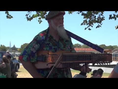 Geoff Ellet (nyckelharpa) + Tāwhirimatea (shirt, leaves, branches) at Auckland Folk Festival, 2020