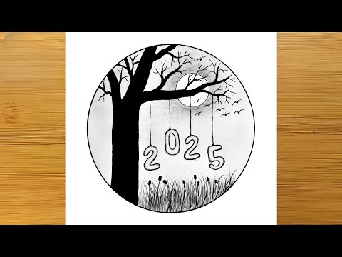 Happy new year drawing 2025 - pencil sketch/ New year 2025/Drawing happy new year scenery drawing