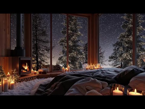 Silent Snowstorm Nights ❄️ Cozy Cabin Vibes with Jazz and Fireplace Sounds