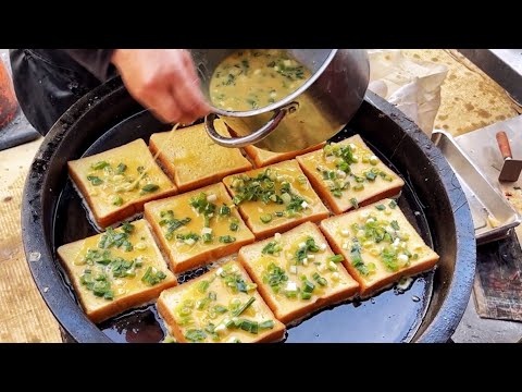 Traditional breakfast in Taiwan！Long shaped scallion pancake,French Toast,Egg pancake,Fried Buns