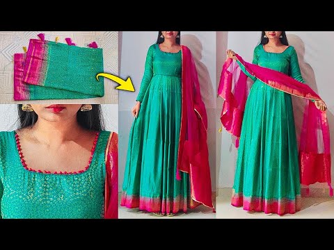 Convert Saree into Long dress in just 10 minutes | Long dress/gown/frock cutting stitching | kannada