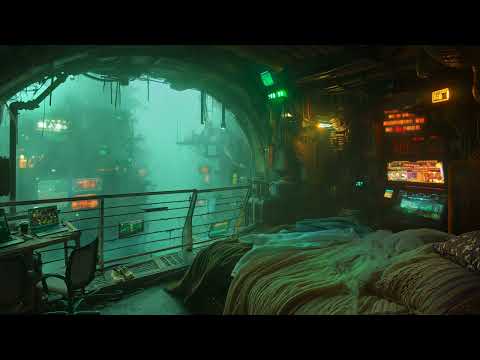 🎵 Cozy Balcony: Rain and Dark Ambient Music | Cyberpunk Bedroom over the City | 4K | 10 hours