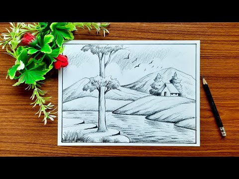 How to draw scenery with pencil sketch | Landscape drawing easy