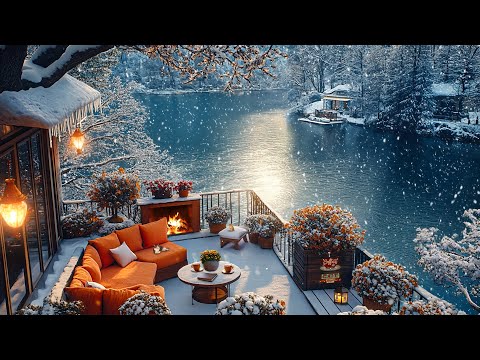 Warm Winter Morning Jazz Music ❄️ Cozy Outdoor Lakeside Cafe & Crackling Fireplace for Relax, Work