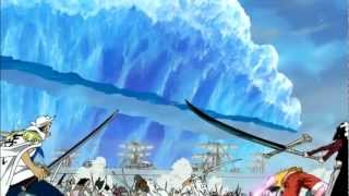 Mihawk cuts a frozen tsunami wave at Marineford