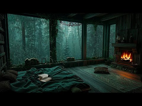 Sleep In Forest Room Ambience 💧 Heavy Forest Room On Window and Fireplace Sound To Sleep, Relax