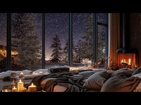 Peaceful Cabin Evenings ❄️ Winter Jazz, Snowfall Views and Fireplace Sounds for Relaxing Moments