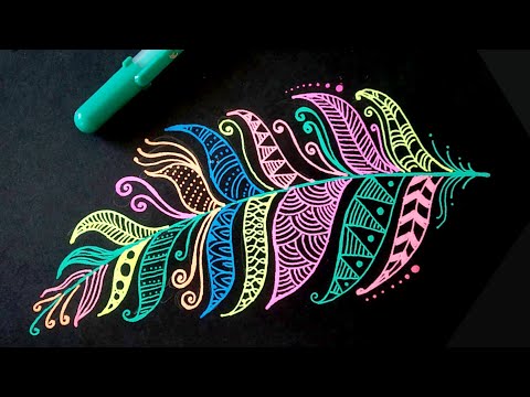 Neon Pen Art | Feather Doodle Design Art | Easy Neon Drawing