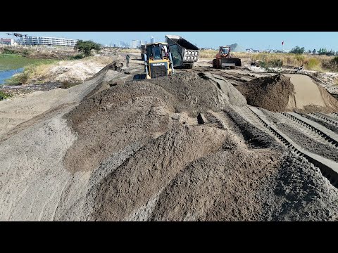 Hot Action! New Sand Filling Project Big Dozer Pushing Sand & Truck Unloading