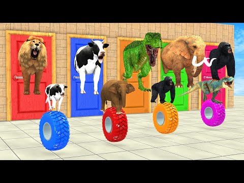 Cow Elephant Lion Gorilla Tiger T-Rex Guess The Right Door ESCAPE ROOM CHALLENGE Animals Tire Game