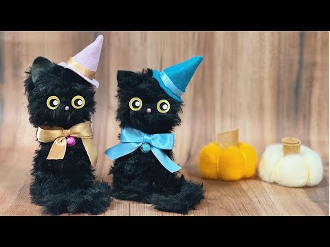 How to make a black cat for Halloween - Easy craft made with yarn and toilet paper roll - DIY