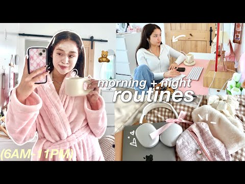 my morning + night routine (vlog) in college, GRWM, self care habits, productive 6AM-10PM day 🧺☁️🎀