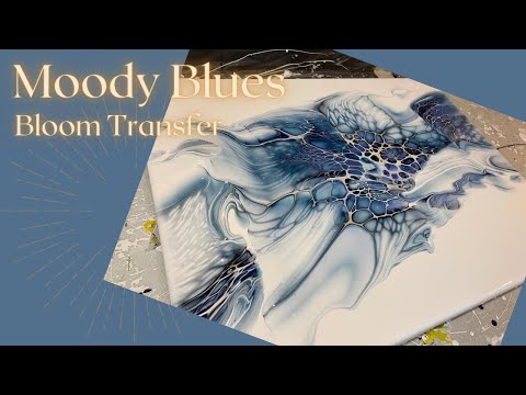 #196 Moody Blues Transfer Bloom | Acrylic Pour Painting | Abstract | Fluid Painting