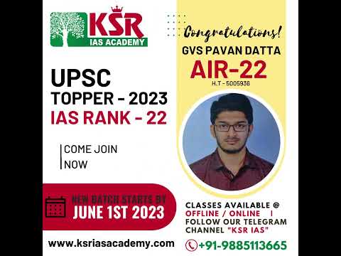 Congratulations to our Topper GVS Pavan Datta - AIR 22 | KSR IAS Academy