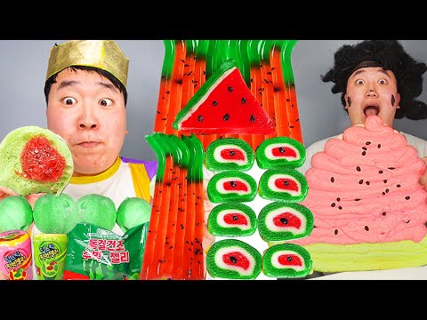 ASMR MUKBANG | Watermelon Desserts (Jelly, Strawberry Watermelon Tanghulu, Noodles Jelly, Ice cream)