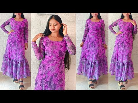 Convert Saree into Trendy frills dress/frock easily | Casual wear trendy dress cutting & stitching