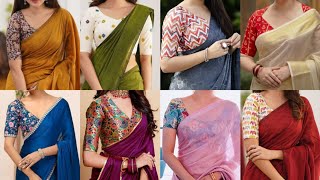 New Printed Saree Blouse Ke Design | Plain Saree With Printed Blouse Design | Saree Blouse Designs