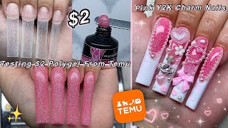 TESTING $2 POLYGEL FROM TEMU✨ PINK Y2K POLYGEL NAILS & KAWAII CHARMS DESIGN! | Nail Tutorial