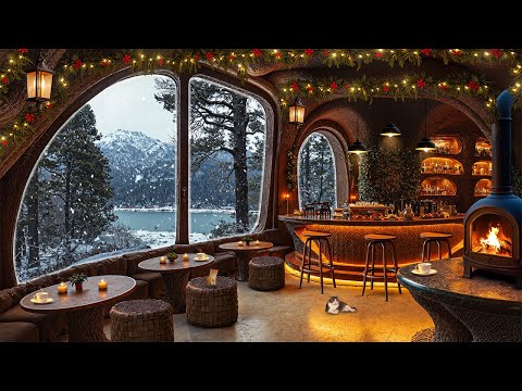 Rustic Winter Cafe Ambience Charm ❄️ Gentle Jazz Music, Firelight Warmth & Stunning Winter Scenery