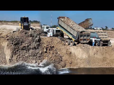 Amazing Mighty Bulldozer Push Soil Drop In Deep Water SHANTUI DH17C3 By Dump Truck Unloaded