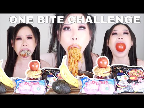 ONE BITE CHALLENGE tomato banana avocado sausage egg mcmuffin spicy noodle *extreme one big bite*