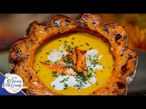 Coconut Cream Pumpkin Soup with Lobster and Wild Mushrooms