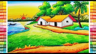 How to Draw a Village Sunrise Scenery || Beautiful Nature Drawing Painting ||  Step by Step