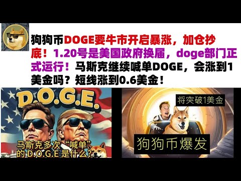 狗狗币DOGE要牛市开启暴涨，加仓抄底！1.20号是美国政府换届，doge部门正式运行！马斯克继续喊单DOGE，会涨到1美金吗？短线涨到0.6美金#DOGE币#马斯克狗狗币#DOGE行情分析