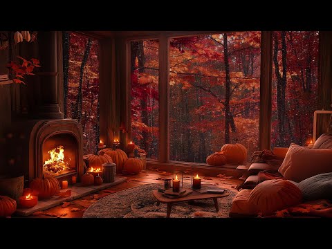 Peaceful Autumn Cozy Cabin 🍂 Soft Rain and Fireplace Sounds for Sleep, Relaxation, or Study