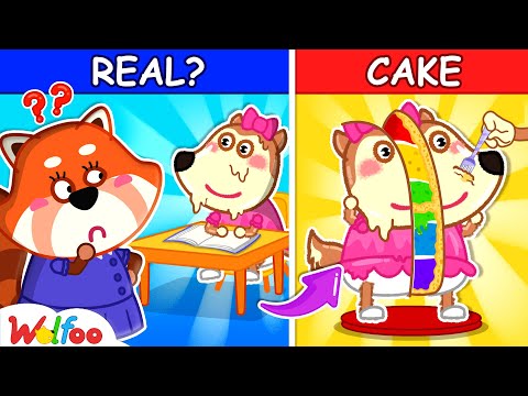 CAKE OR FAKE Challenge at School 😋  Good Manner For Kids | Wolfoo Channel