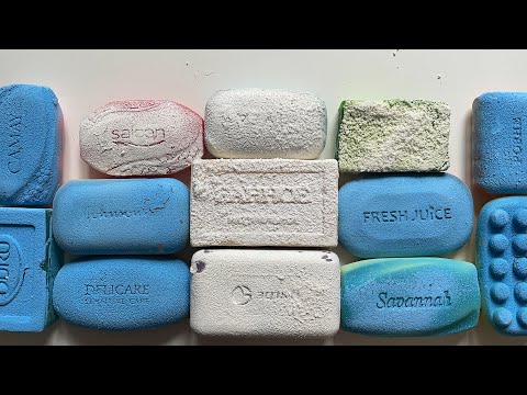 ASMR cutting of dry and soft soap coated with decorative snow