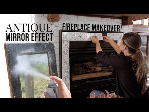 I Transformed this Dated Fireplace + DIY Antique Mirror Effect Turorial on an Old Thrifted Door!