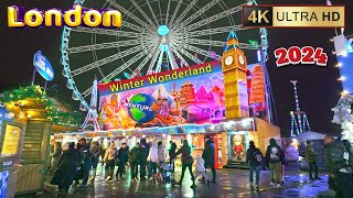 30 Minutes in Winter Wonderland🎡🎄✨| Hyde Park 2024 – London in the Rain 🌧️ [4K60]