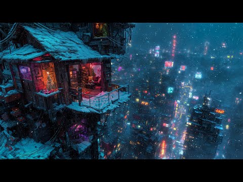 🎵  Ambient Echoes overlooking Cyberpunk City | Relaxing Ambient Music and Snow | LIVE