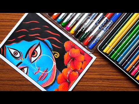 Kali mata drawing pencil colour, kali maa drawing brush pen, maa kali face drawing