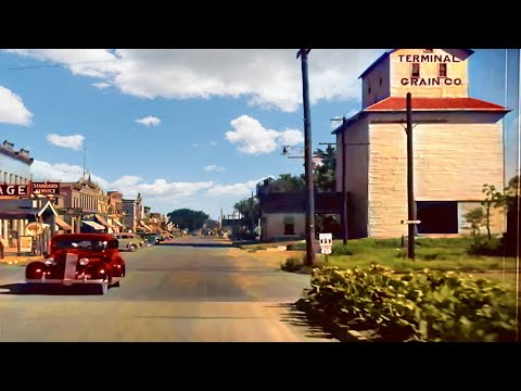 Ohio 1930s in color, driving in downtowns and rural areas [60fps, Remastered] w/sound design added