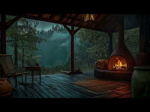 Heavy Rain and Fireplace Sounds: Cozy Porch Setting for Restful Sleep, Heal Inside