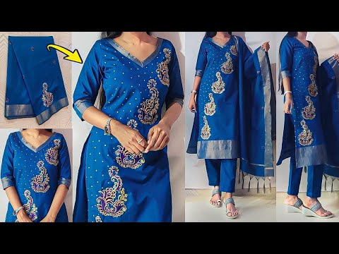 Convert Cotton Silk Saree into Kurta set | kurti/suit/kameez cutting & stitching step by step easily